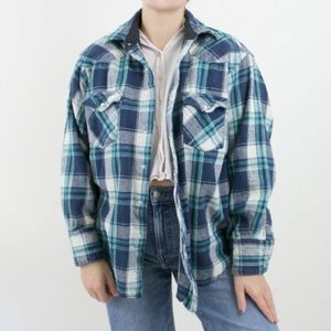 Vintage Blue Green Navy Oversized Plaid Flannel Shirt